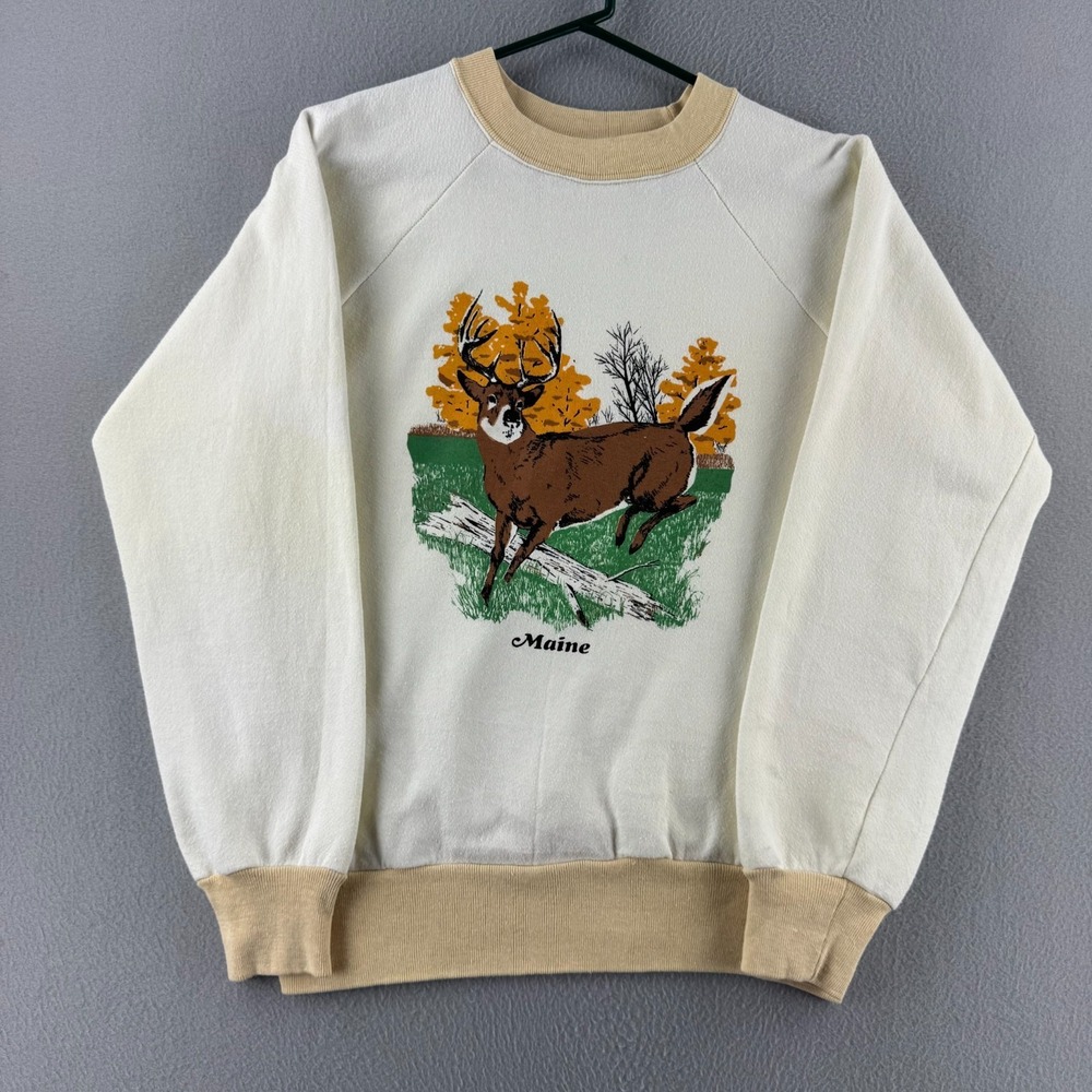 Vintage Maine Deer Sweatshirt Mens Fits Small Ringer 80s Wildlife Raglan Twotone